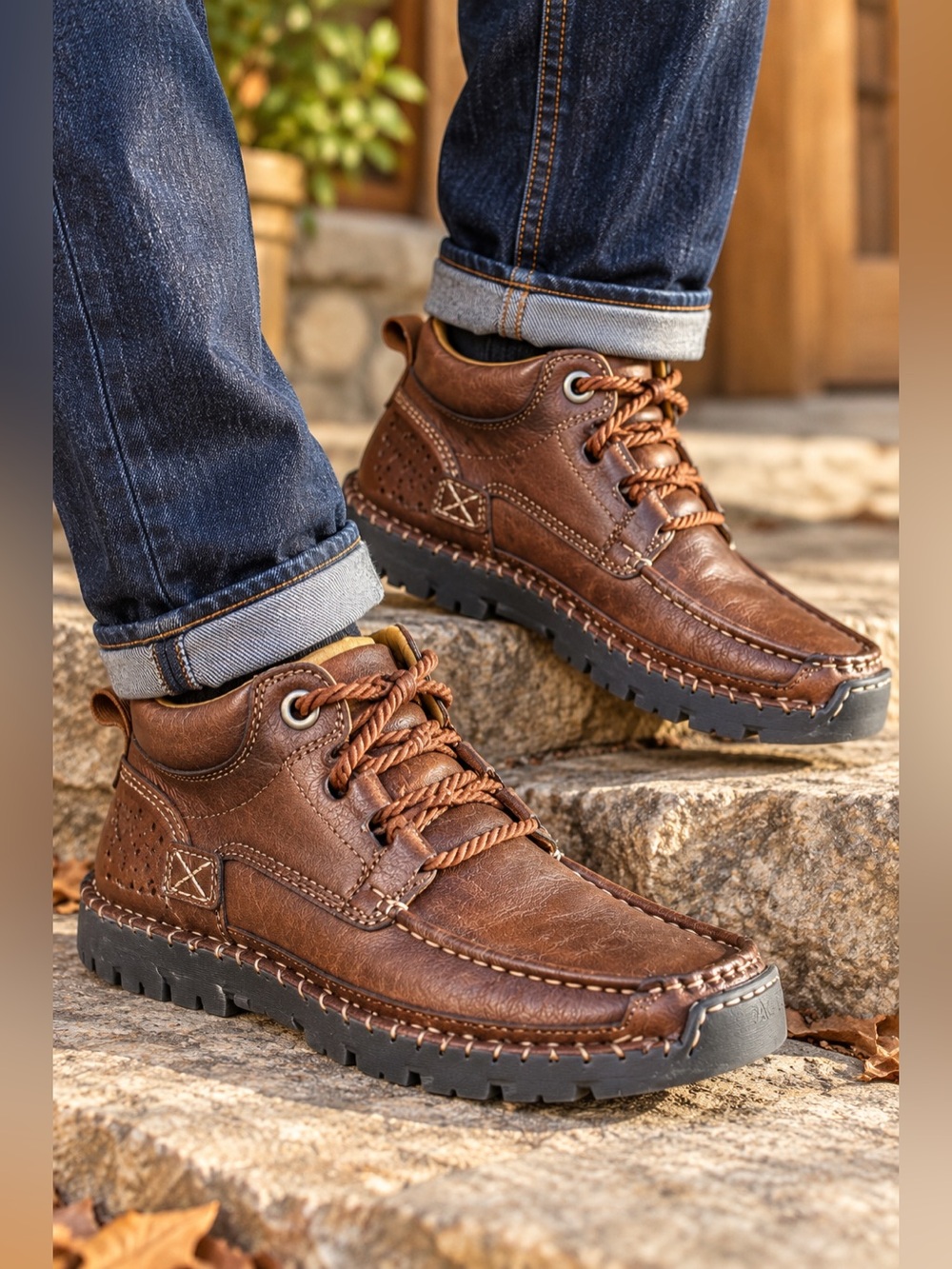 Clohoo Brown Leather Hand Stitched Moc Toe Boots EU 39 (6.5-7)